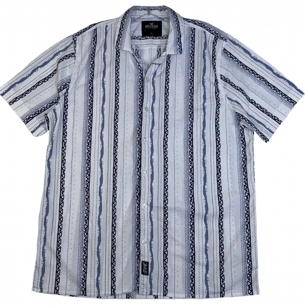 Hollister‎ Mens Short Sleeve Button Down Shirt White Blue Tribal Stripe Large